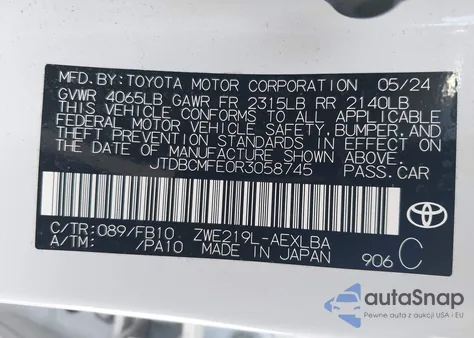 2024 Toyota Corolla Hybrid Le из США, поврежденный, VIN JTDBCMFE0R3058745